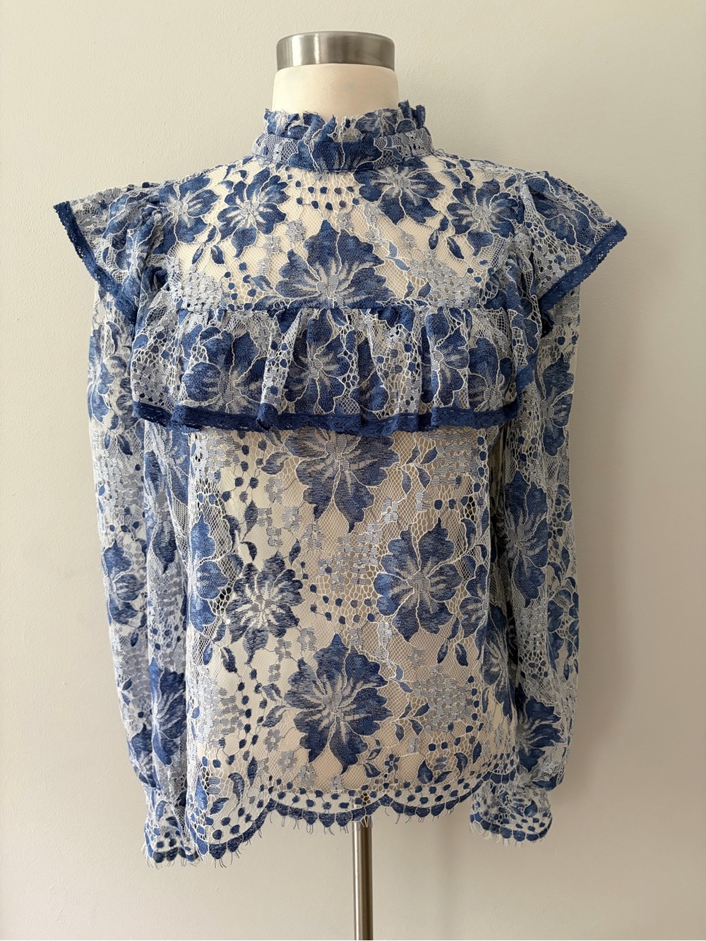 Vici Blue Floral Sheer Lace High-Ruffle Blouse M Romantic Victorian Coquette